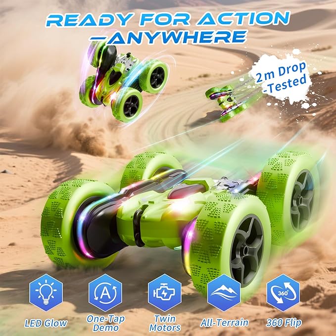 Remote Control Stunt Car – 4WD 360° Flip Double‑Sided RC Car LED Light Bar & Modular USB‑C Battery, 2.4 GHz Off‑Road Toy, Birthday for Boys Girls Ages 6‑12, Green