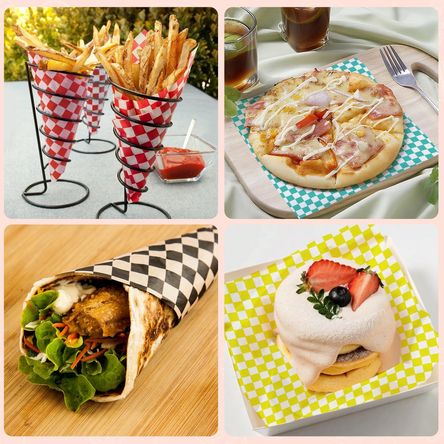 Ninsula Deli Paper Sheets 126P, 11.5x11.5 In Checkered Sandwich Paper Wraps, 6 Colors Basket Liners For Food Serving, Grease Resistant Burger Wrappers for BBQ, Picnic, Party