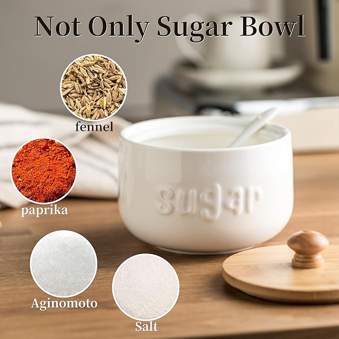 LYEOBOH Sugar Bowl with Lid and Spoon,17 OZ Sugar Jar, Ceramic Jar with Lid, Sugar Container for Coffee Bar, Sugar Bowls for Countertop, Azucarera for Farmhouse Home and Kitchen, White