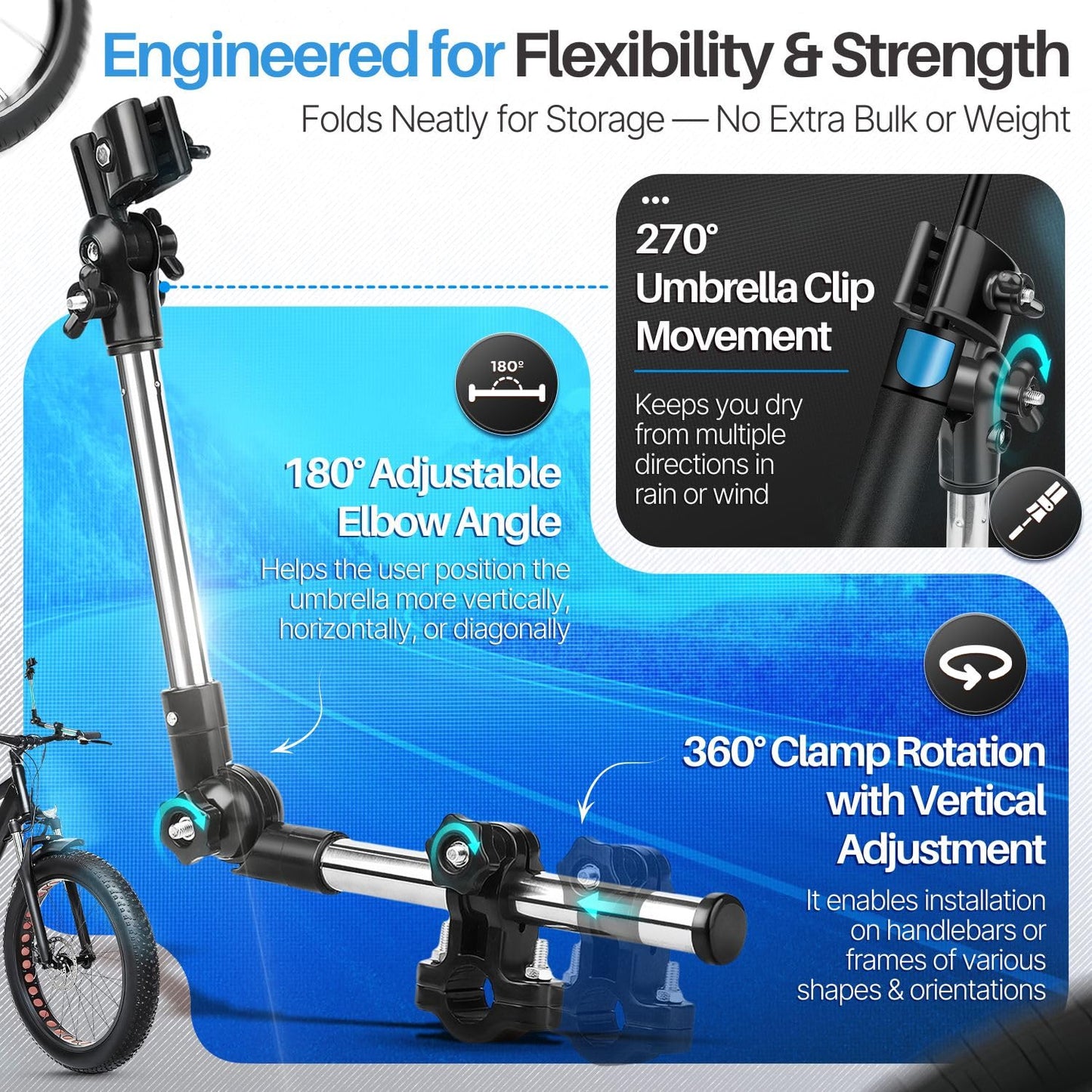Flexzion Bicycle Umbrella Mount Holder – Adjustable Swivel Connector Stand with 2-Section Tube Handle – Umbrella Round Handlebar for Bike Stroller Attachment, Wheelchair Holder, Golf Cart, Beach Chair