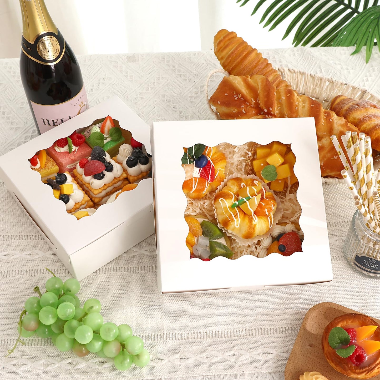 Moretoes 30pcs Bakery Boxes, 8x8x2.5 Cookie Boxes with Window, White Treat Containers for Donuts, Chocolate Strawberries, Pie