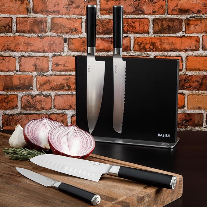 Babish 5-Piece Magnetic Forged Kitchen Knife Block Set – 1.4116 German Steel Cutlery with Magnetic Knife Holder – Professional Chef Knife Set