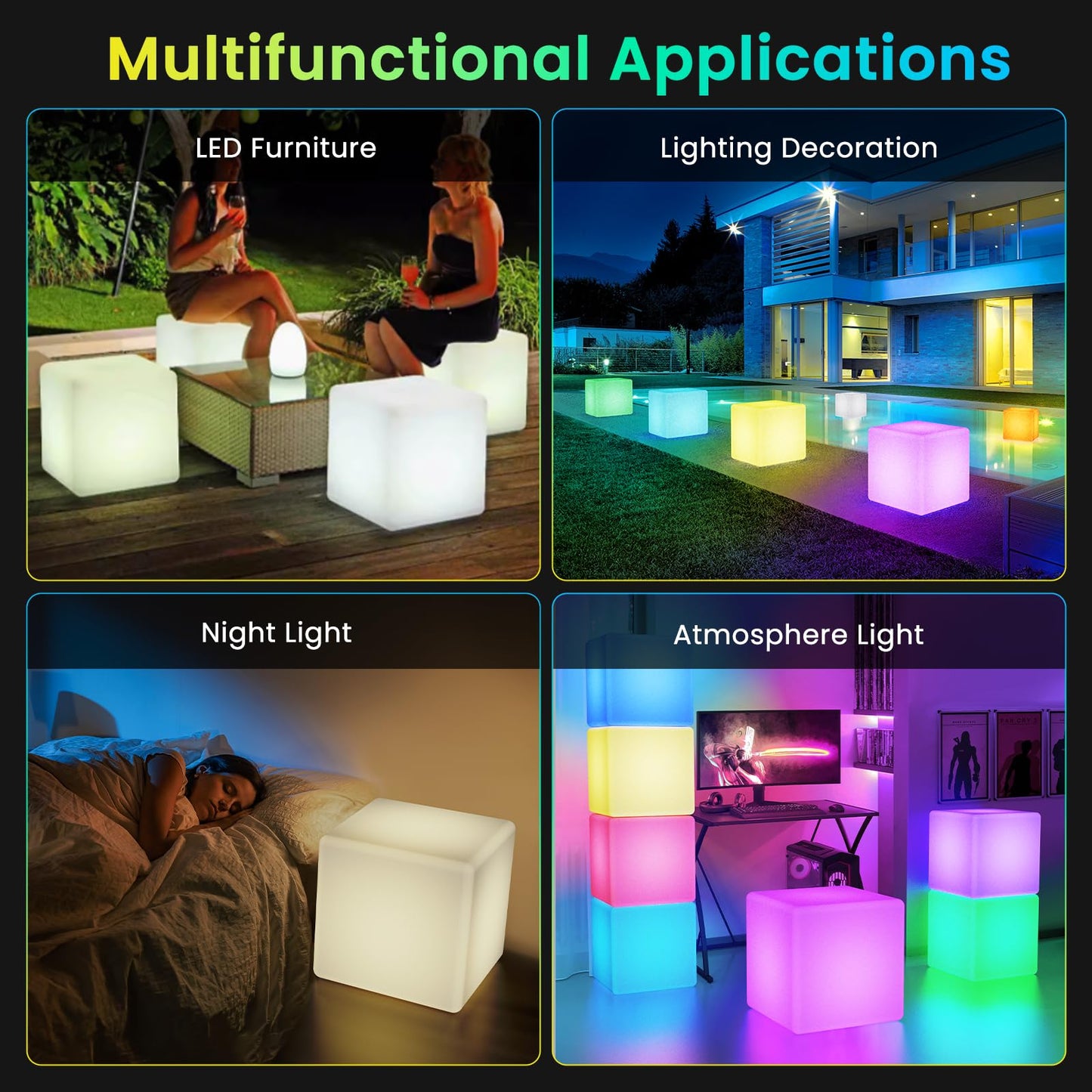 Loftek 16-Inch Led Cube Light - Rechargeable Rgb, Ip65 Waterproof Acrylic, Remote Control, White For Home Outdoor Party Decor
