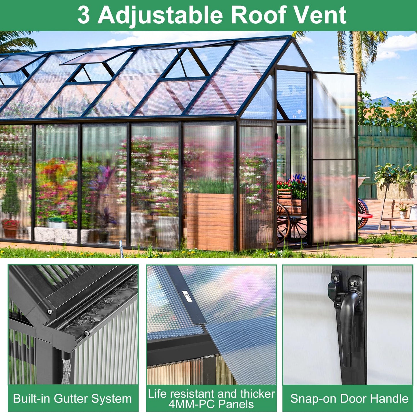 CDCASA 16x6 FT Greenhouse for Outdoors, Easy Assembly Large Aluminum Heavy Duty Polycarbonate Greenhouses Kit w/2 Window, Swing Door, Walk-in Green House for Outsides, Sunroom, Backyard, Garden