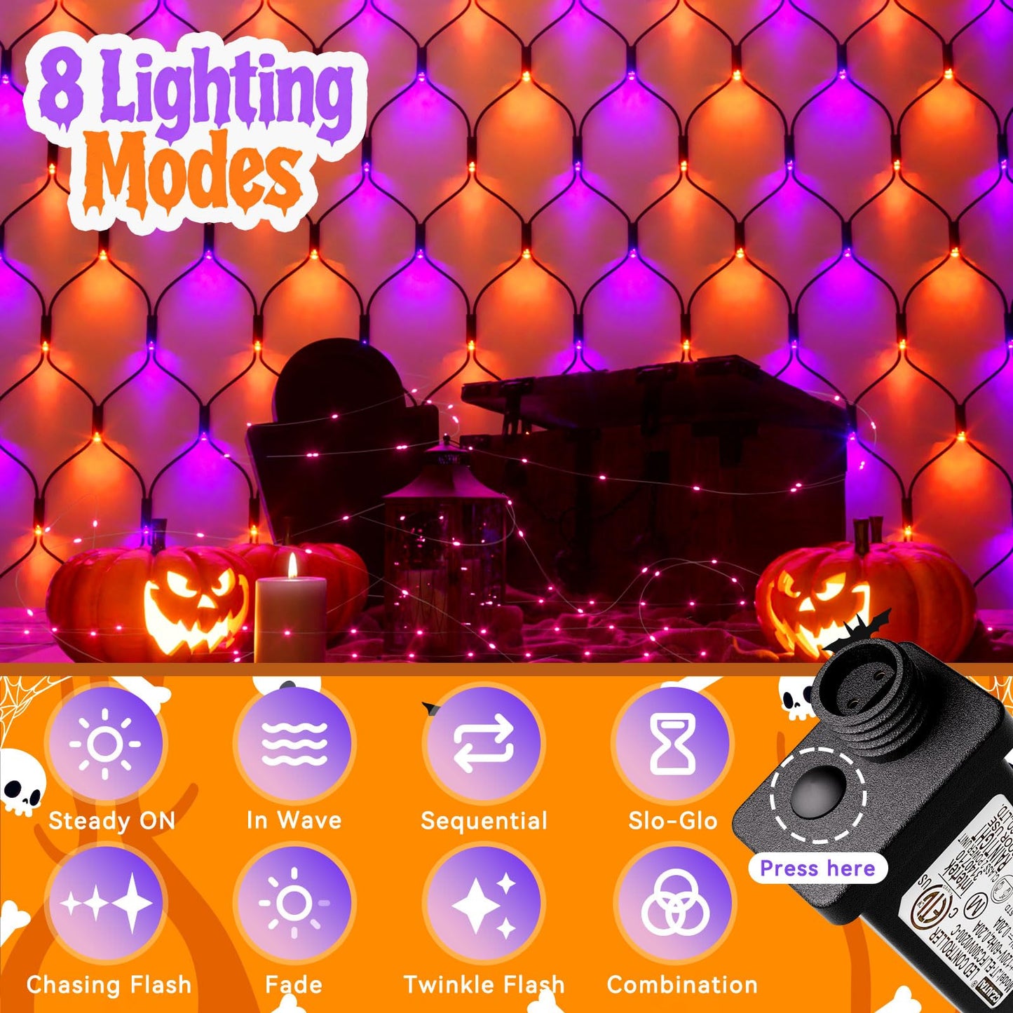 Lithome 21Ft X 5Ft Halloween Net Lights  360 Led Purple Orange Bush Lights With 8 Modes  Connectable Waterproof Net Mesh Light Dark Green Wire For Bushes Shrubs Trees Outdoor Holiday Decor