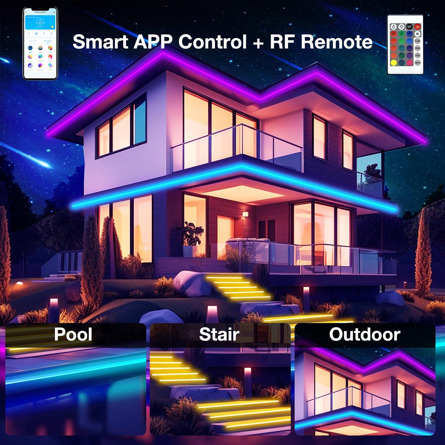 DAYBETTER Outdoor LED Strip Lights, Waterproof, Remote & APP Control, 100ft, Multicolor, Model TTGA001V2