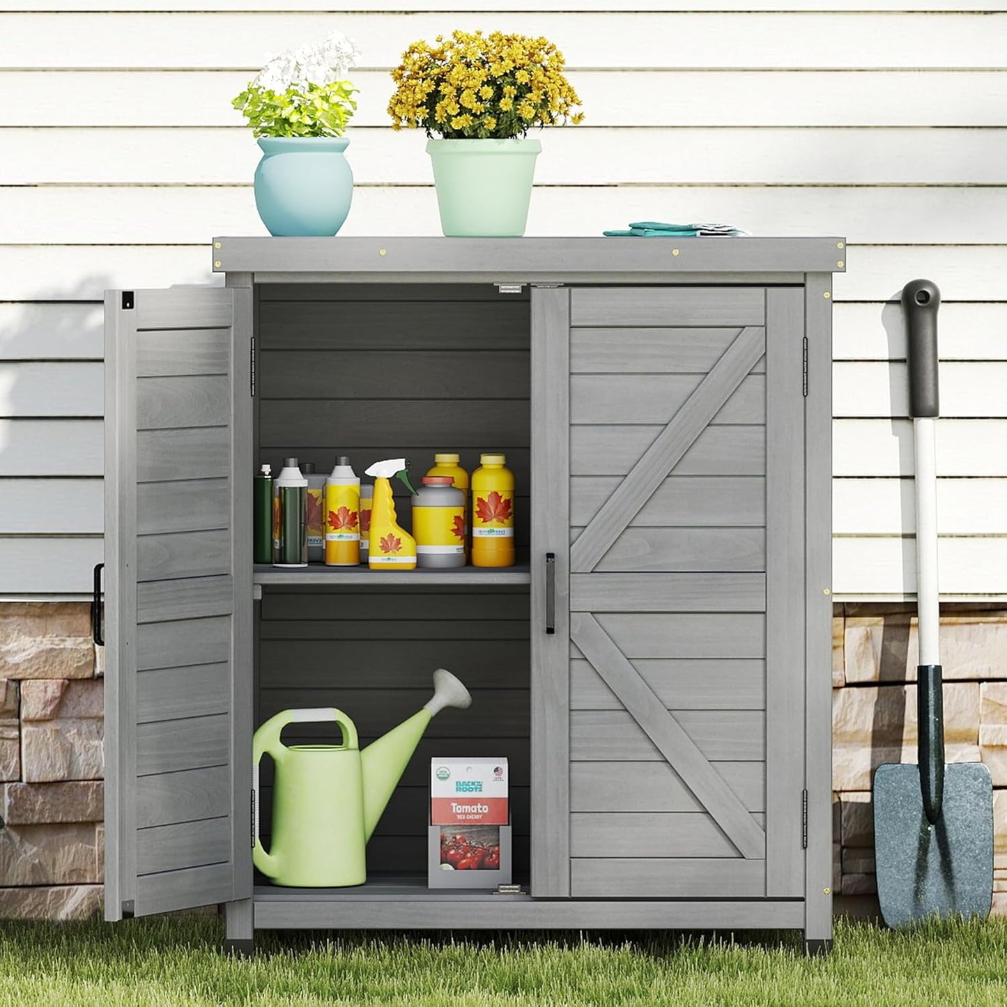 Potting Bench with Storage Cabinet and Metal Table Top for Outdoor Patio, Garden Furniture Wood Workstation