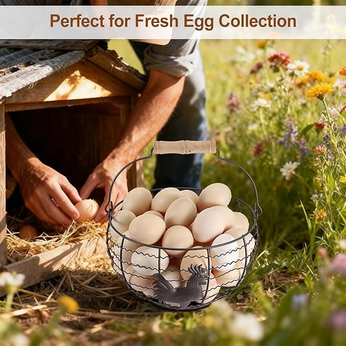 Farmhouse Egg 8'' Basket for Gathering Fresh Eggs, Rustic Metal Wire Chicken Eggs Holder Basket for Countertop Kitchen, Wire Egg Basket Vintage Style, Round, Rooster Pattern, Solid Bottom