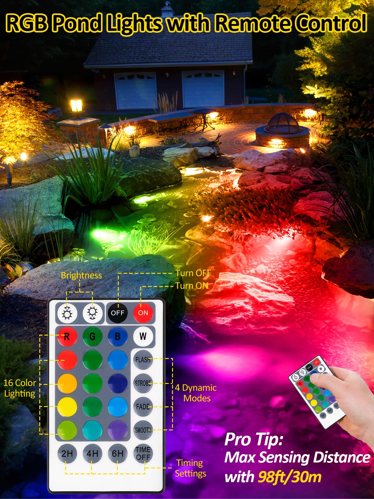 T-SUN Colored Pond Lights, Submersible LED Fountain Light Set of 3, IP68 Waterproof, Multicolor, Model TS-F2220-3H-RGB-US