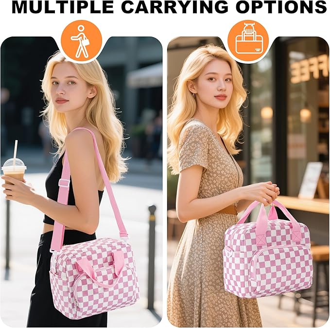 Large Lunch Bag for Women Insulated Lunch Box Reusable Cooler Bag Portable Cute Corduroy Leakproof Tote Bags for Travel, Work, and Picnic, Pink and White