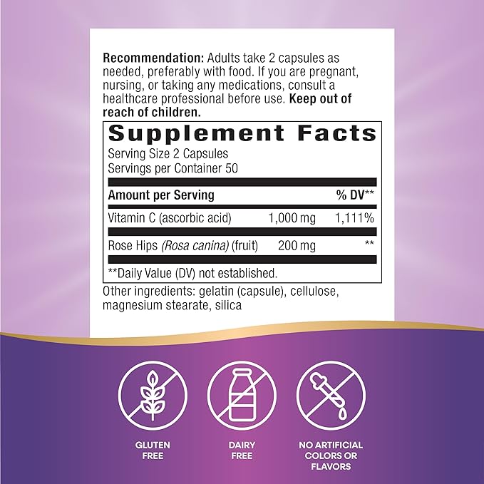 Nature's Way Vitamin C with Rose HIPS, Powerful Antioxidant & Immune Function Support from Vitamin C*, Promotes Collagen for Healthy Skin*, 1,000 mg Vitamin C, 100 Capsules (Packaging May Vary)