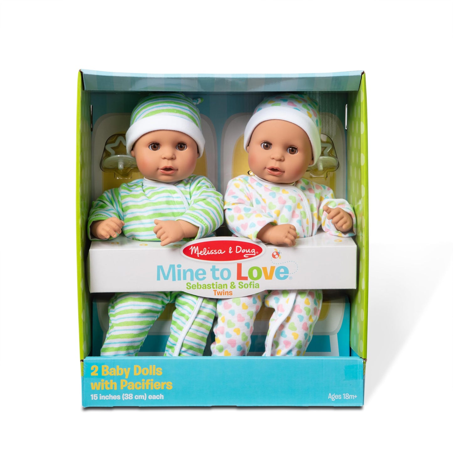 Melissa & Doug Mine to Love Twins Sebastian & Sofia 15” Medium Skin-Tone Boy and Girl Baby Dolls with Rompers, Caps, Pacifiers