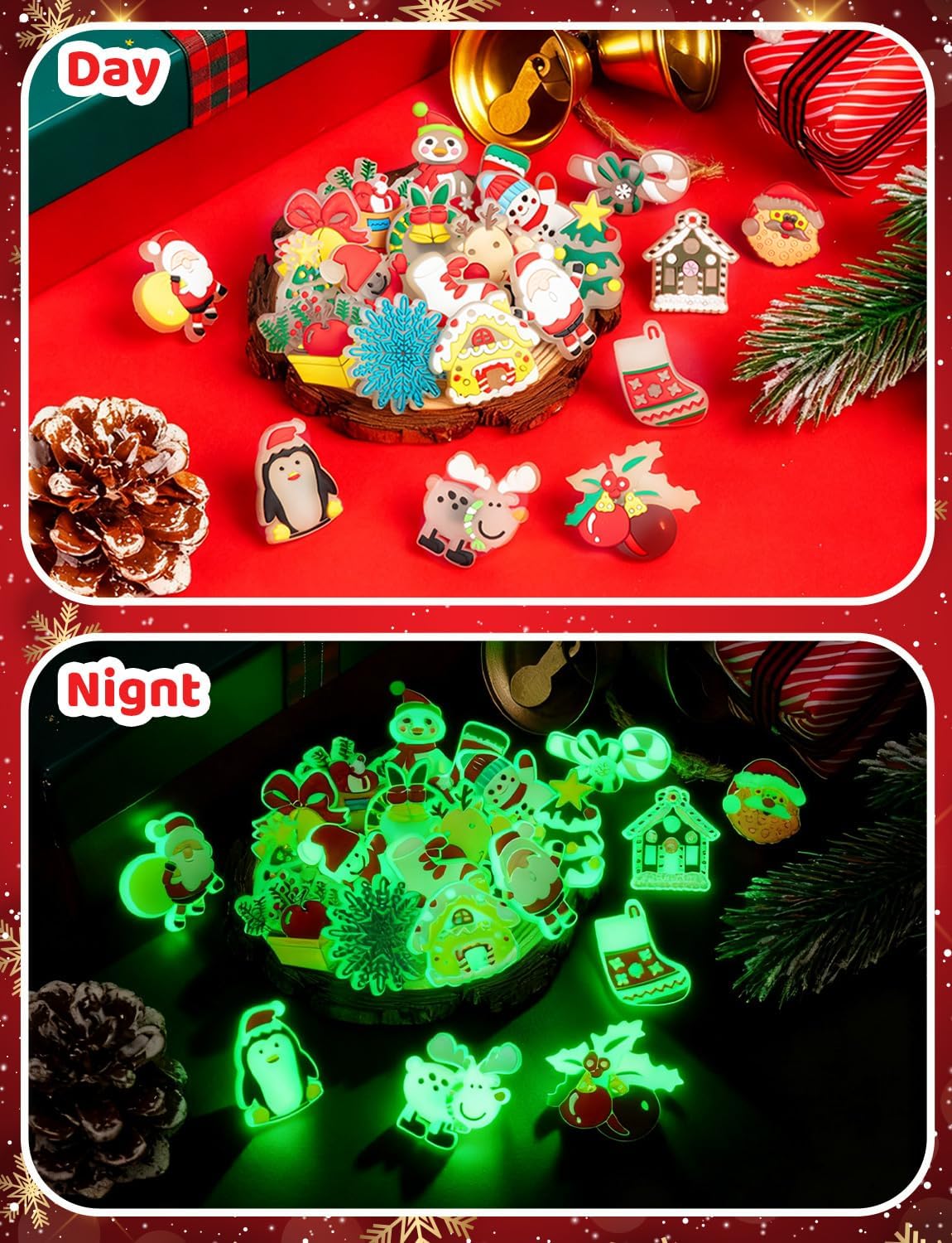WDAHDHP Christmas Glow in the Dark Pencil Clips, 50Pcs Cute Luminous Pencil Charms Topper for Kids Students School Gifts Classroom Rewards