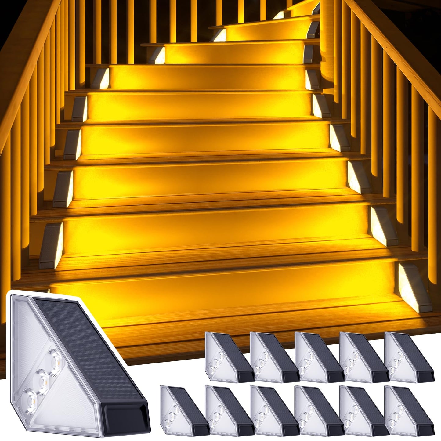 Roshwey Solar Step Lights For Outside  12 Pack Solar Stair Lights Outdoor Waterproof  Triangle Deck Step Lights Solar Powered  Outdoor Decor Lighting For Front Porch  Backyard  Patio  Warm White