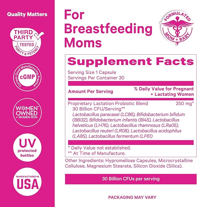 Pink Stork Lactation Probiotic - 30 Billion CFUs Multi Strain Postnatal Probiotics for Breastfeeding Women - Support Breast Milk & Gut Health, Postpartum Essentials, Mint Essence, 30 Capsules