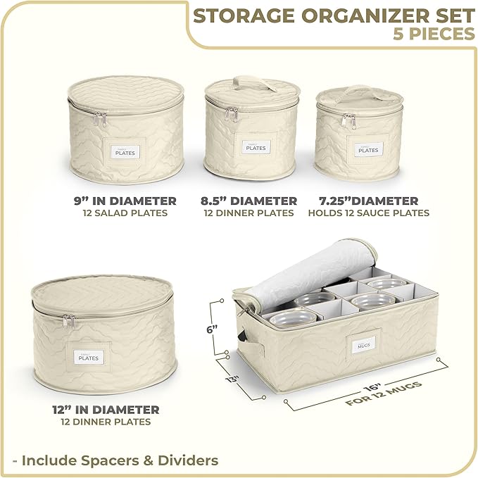 Sorbus China Storage Containers - 5 Pc Quilted Set for Moving & Transporting Dinnerware, Dishes, Round Plates, Glassware, Cups & Mugs with Felt Plate Protectors - Fine China Glass, Plate Storage Cases