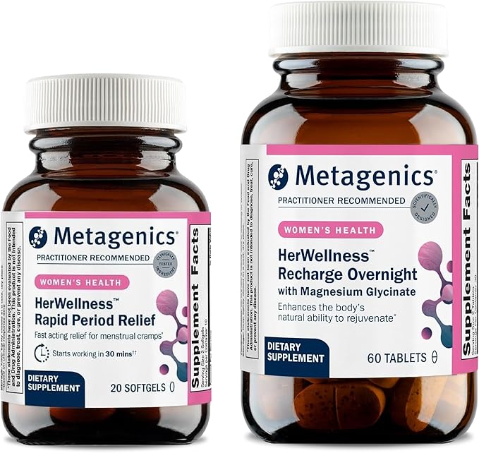 Metagenics HerWellness Rapid Period Relief + HerWellness Recharge Overnight - Quality Herbal Supplement to Support Menstrual Cramps, Back Soreness, Head Tension, & Fatigue - Includes Turmeric & Boswel