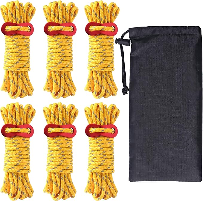 Hikeman 6 Pack 4mm Outdoor Guy Lines Tent Cords Lightweight Camping Rope with Aluminum Guylines Adjuster Tensioner Pouch for Tent Tarp, Canopy Shelter, Camping, Hiking, Backpacking (Yellow)