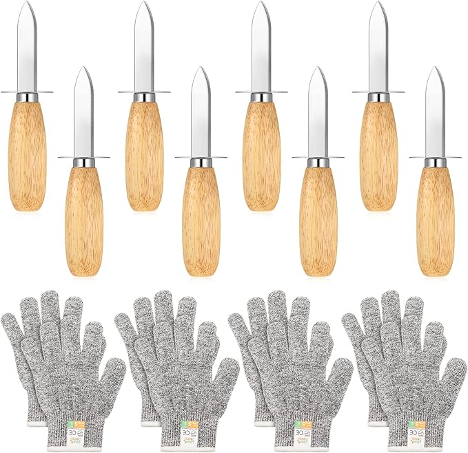 Tarpop 16 Pieces Oyster Shucking Knife Set 8 Stainless Steel Oyster Shuckers Bulk 8 Level 5 Protection Cut Resistant Gloves Seafood Opener Tool Kit for Clam Pearl Shell Shucking