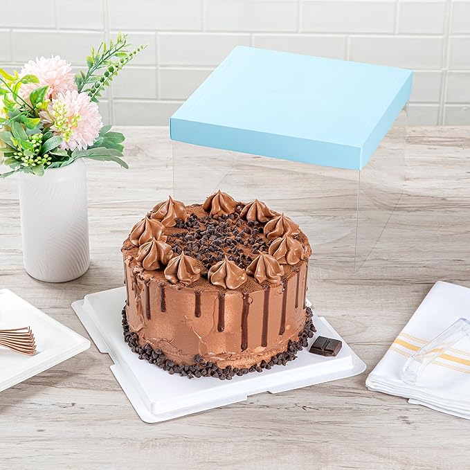 Restaurantware Sweet Vision 8.5 Inch x 6.75 Inch Transparent Cake Boxes, 10 Grease Resistant Base Clear Cake Boxes - Blue Lid, Blue Ribbon, Plastic Birthday Cake Boxes, For Weddings Or Birthdays