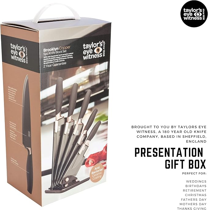 5pc Brooklyn Fan Block Set - Taylors Eye Witness, Hard Ceramic Coated Blades, Paring, All-Purpose, Chef's, Serrated & Carving Knife. 2 Year Guarantee.