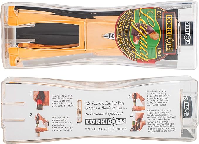 Cork Pops Legacy Wine Opener Built-in 4-Blade Foil Cutter Safe Cork Removal, Effortless Push Button Use, Needle Guard for Safety, Low-Pressure Cartridge Opens Up To 60 Bottles