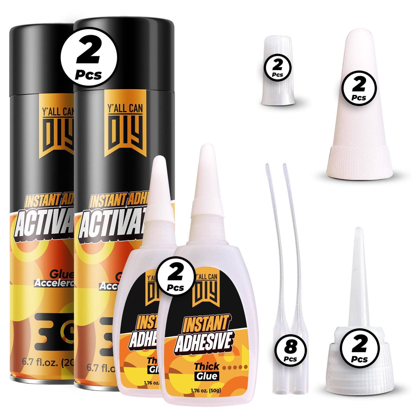 CA Glue with Activator (2 x 1.76 oz. + 2 x 6.76 fl oz.) - Industrial-Grade Cyanoacrylate Adhesive and Super Glue Accelerator for Woodworking, Crafts, DIY, and Repairs, Instant Glue Bond
