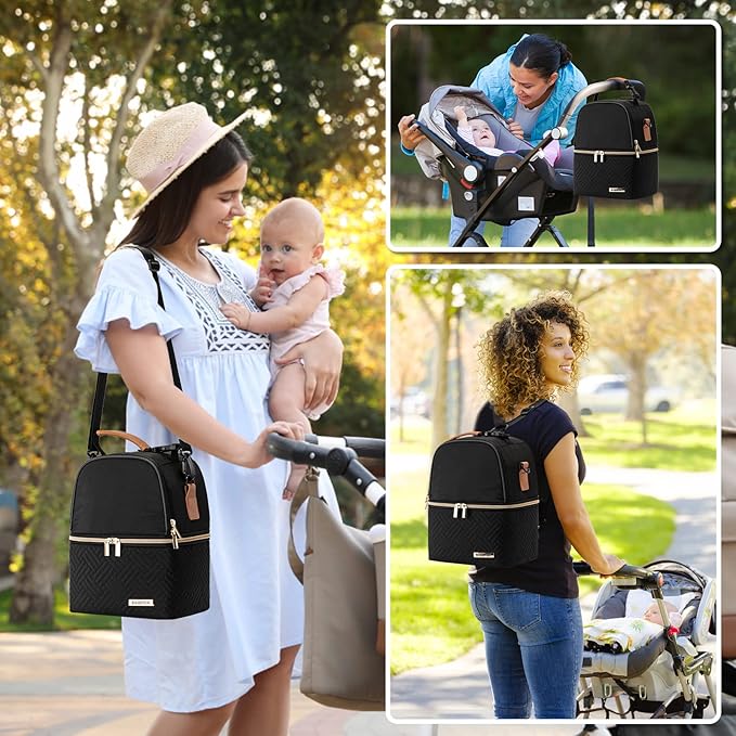 Breastmilk Cooler Bag with Ice Pack Fits 6 Baby Bottles up to 9 Ounce, Breast Milk Pump Cooler Bag with Shoulder Strap for Nursing Mom Daycare, Work, Travel- Black
