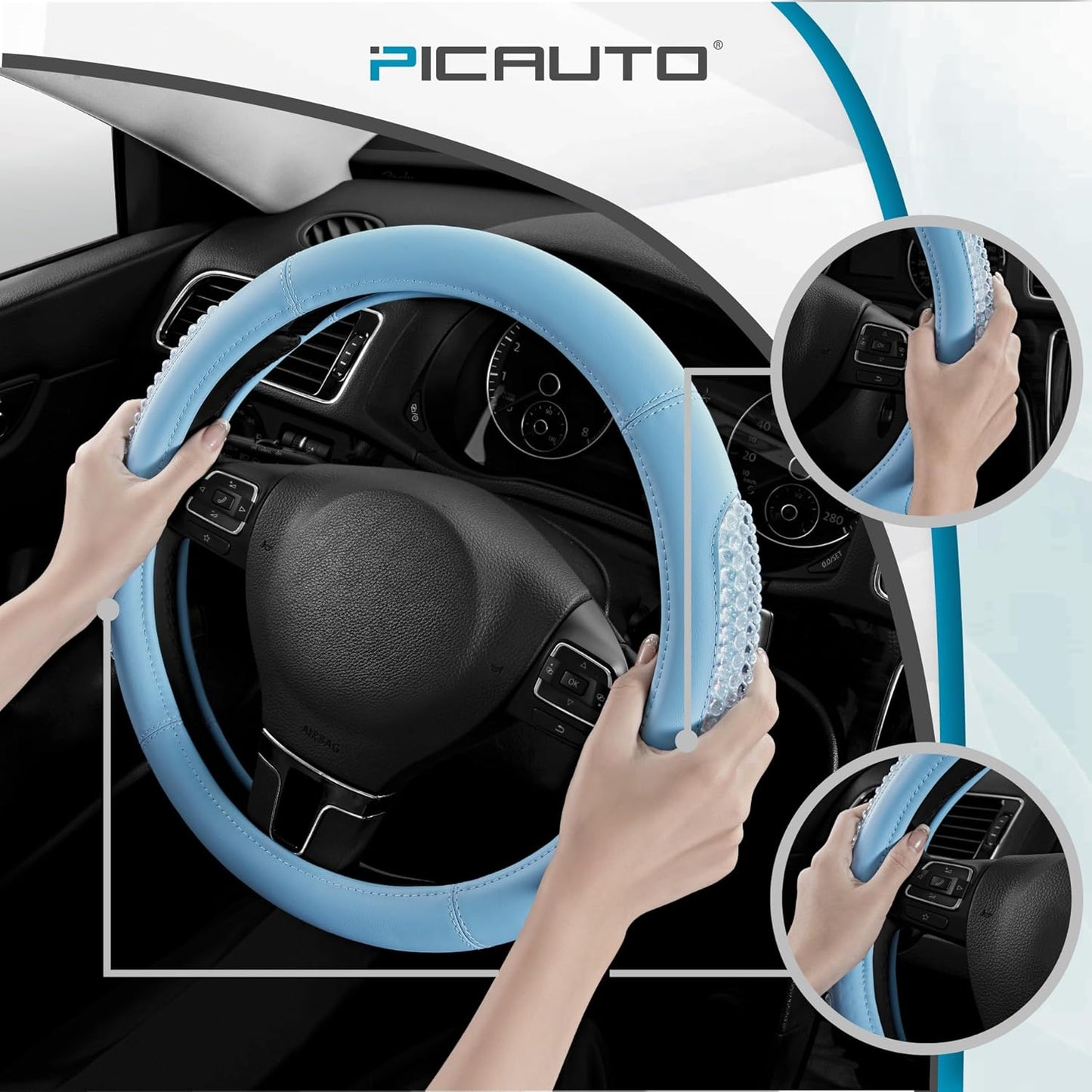 PIC AUTO Steering Wheel Cover, Glitter Gel Particles & Blue Luxury Leather Car Steering Cover, Universal Fit 14.5"-15.5" Anti-Slip Car Wheels Cover for Girls & Women