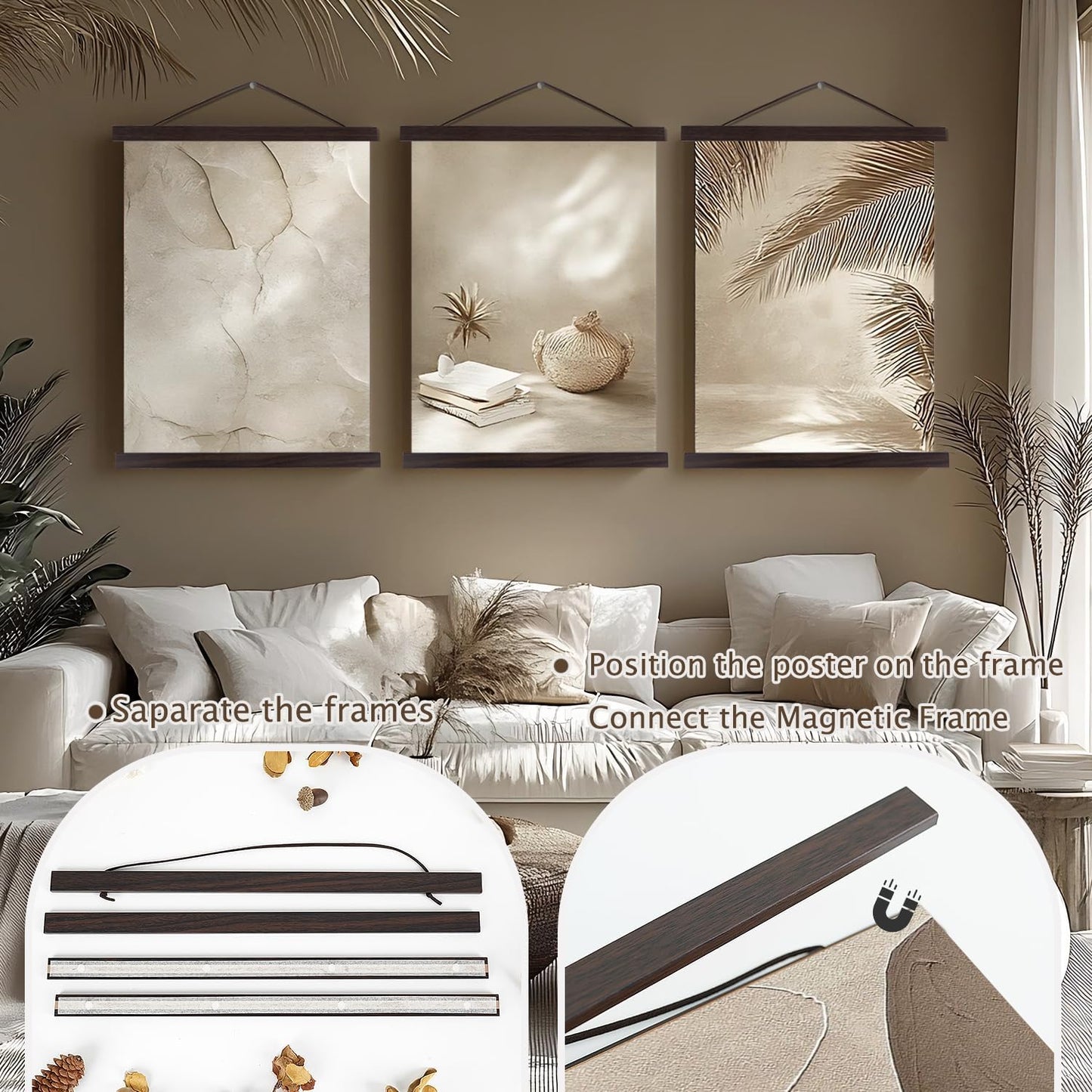 Artmag Magnetic Poster Hanger Frame, Light Wood Wooden Magnet Canvas Artwork Print Poster Hangers for 15x36 15x30 15x21 Frames Hanging Kit (Walnut, 15")