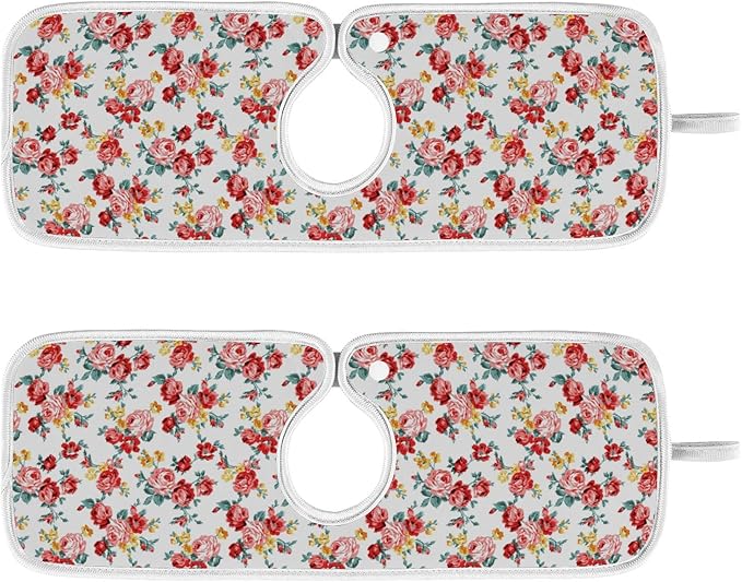 Kitchen Faucet Absorbent Mat,Rose Floral Flower Water Splash Guard for Sink, Faucet Drip Catcher Thicken Sponge Microfiber Faucet Water Catcher Mat Sink Absorbent Mat for Kitchen 14x5in 2Pack