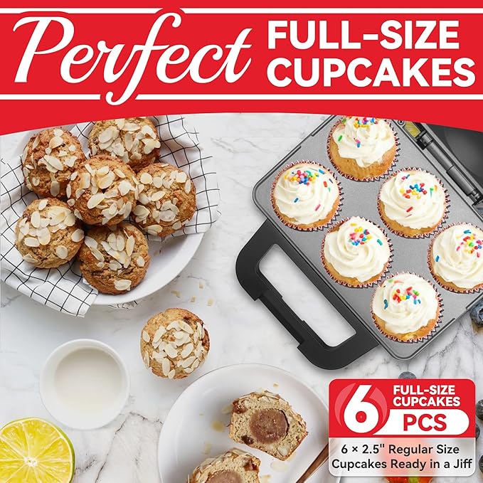 6-Count Cupcake Maker Machine, Bakes 6 X 2.5 Inch Cupcakes, Muffins, Pizza Cups, Cinnamon Buns, Cool-touch Handle, Non-stick Coating, Recipe Included, Graphite