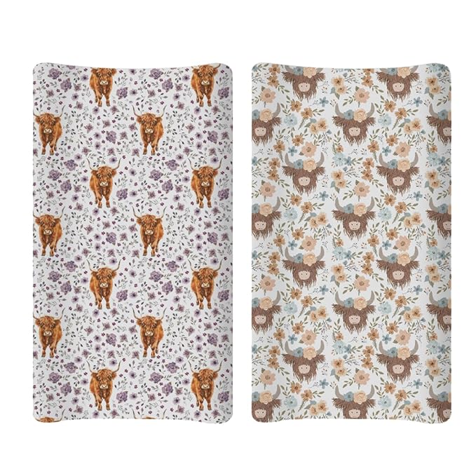 Soft 2 Pack Highland Cow Floral Pattern Baby Changing Pad Covers for Infant Newborn, Unisex Farm Animals Western Cow Flowers Nursery Fitted Diaper Changing Table Pad Mat Sheets for Boys Girls-16x32