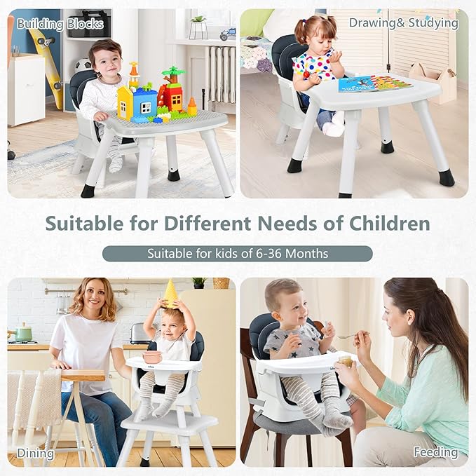 INFANS 8 in 1 Baby High Chair, Convertible Highchair for Babies and Toddlers, Infant Dining Booster Seat, Building Block Table, Kids Stool Table Chair Set with Removable Tray