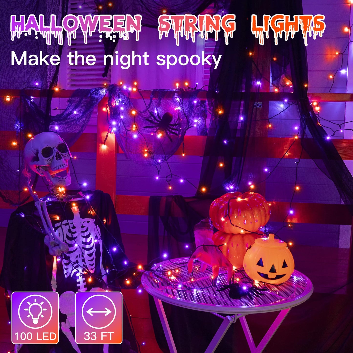 Guhope 33Ft 100 Led Halloween Lights  Orange + Purple Halloween Lights Outdoor With 8 Lighting Modes  Waterproof String Lights For Halloween Christmas Outdoor Party Yard Garden Decoration