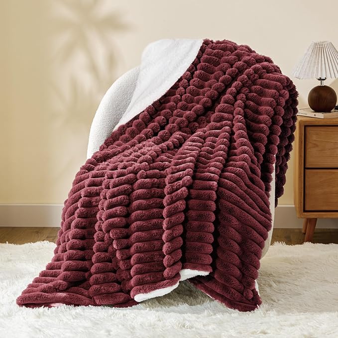 INFIIXSO Sherpa Throw Blanket for Couch - Super Soft & Warm Striped Fleece Blanket, Cozy Plush Fluffy Blanket All Season Use (Burgundy, 60x80 Inches)