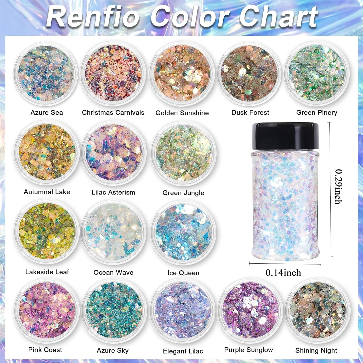 Renfio Opal Chunky Glitter, 1.75oz/50g Blue High Sparkle for Crafts - Holographic Fine Mix Iridescent Flakes for Resin, Nails, Art, Hair, DIY, Snow Globe - Azure Sky