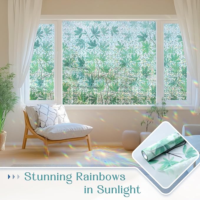 Haton Window Privacy Film, Rainbow Decorative Film, Stained Glass Window Clings, Static Cling UV Blocking Heat Control Tint Sticker for Home Door, Leaf Rainbow, 17.5" x 157.4" Non-Adhesive