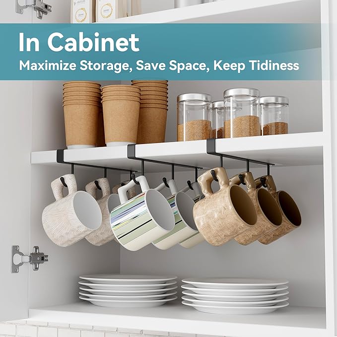 ECROCY Mug Hooks for Cabinet, Clip-On Shelf and Only Fits Flat Cabinet Without Any Lip, 3pcs Mug Holder No Drilling Free Damage