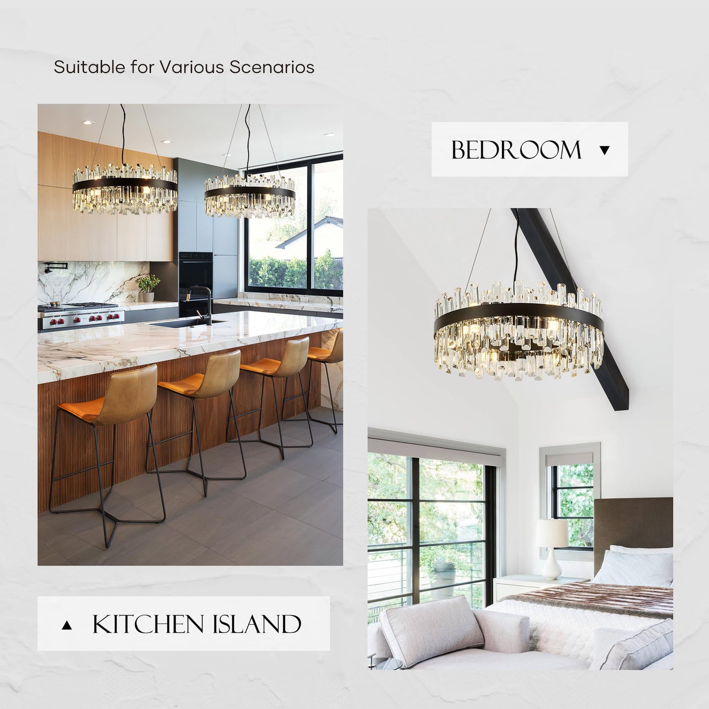 Lighceac 21.7 Black Modern Crystal Chandelier Light Fixtures stylish 2 Ring Crystal Chandeliers For Dining Room 12-Light Round Hanging Pendant Lighting For Living Room Kitchen Island Entryway Bedroom
