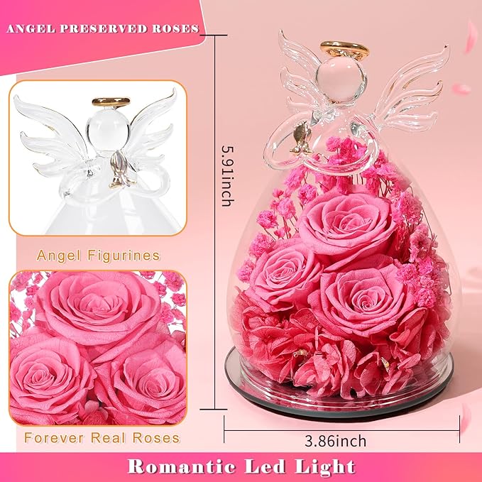 Beferr Valentines Day Rose Gifts for Her Women Mom Gifts for Birthday, Fresh Flowers for Delivery Forever Preserved Rose in Glass Angel Figurine, for Grandma Wife Daughter Girlfriend
