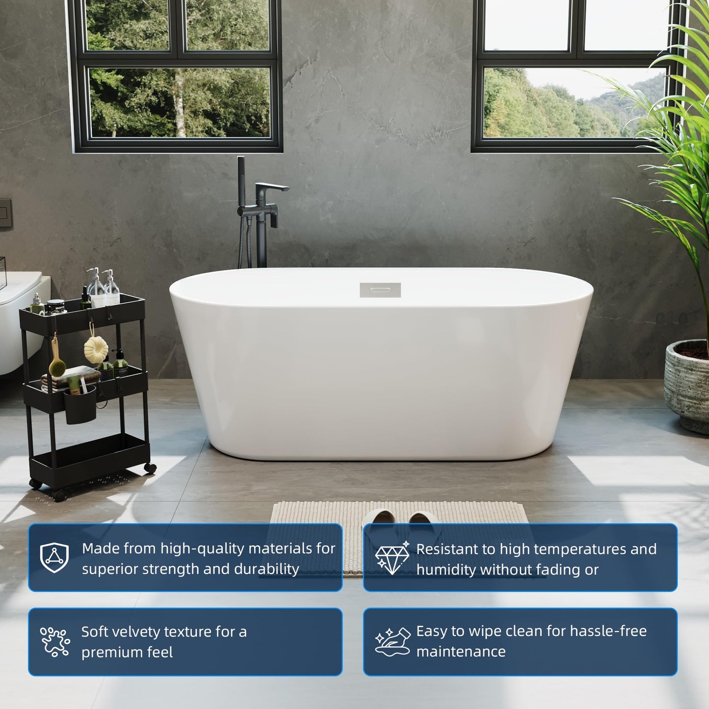 59" Free Standing Tub, Acrylic Soaking Bathtub, Stand Alone Freestanding Tub with Matte Sliver Drain and Overflow, Contemporary Bathtub for Bathroom, Burnish White