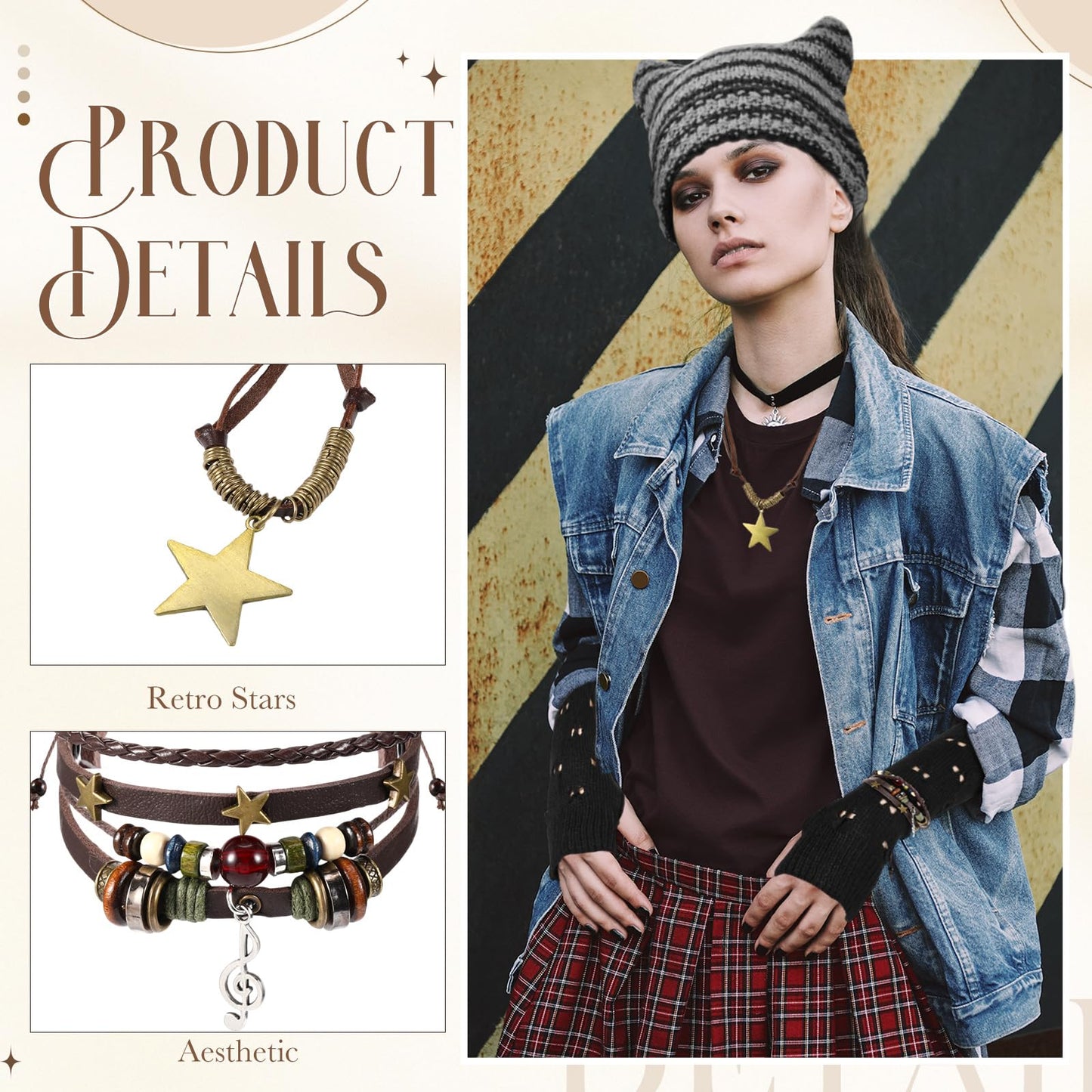 JaGely 4 Pcs Therian Grunge Emo Accessories for Women Cat Beanie Fairy Ripped Gloves Y2k Necklace Fairycore Bracelets Jewelry(Black)