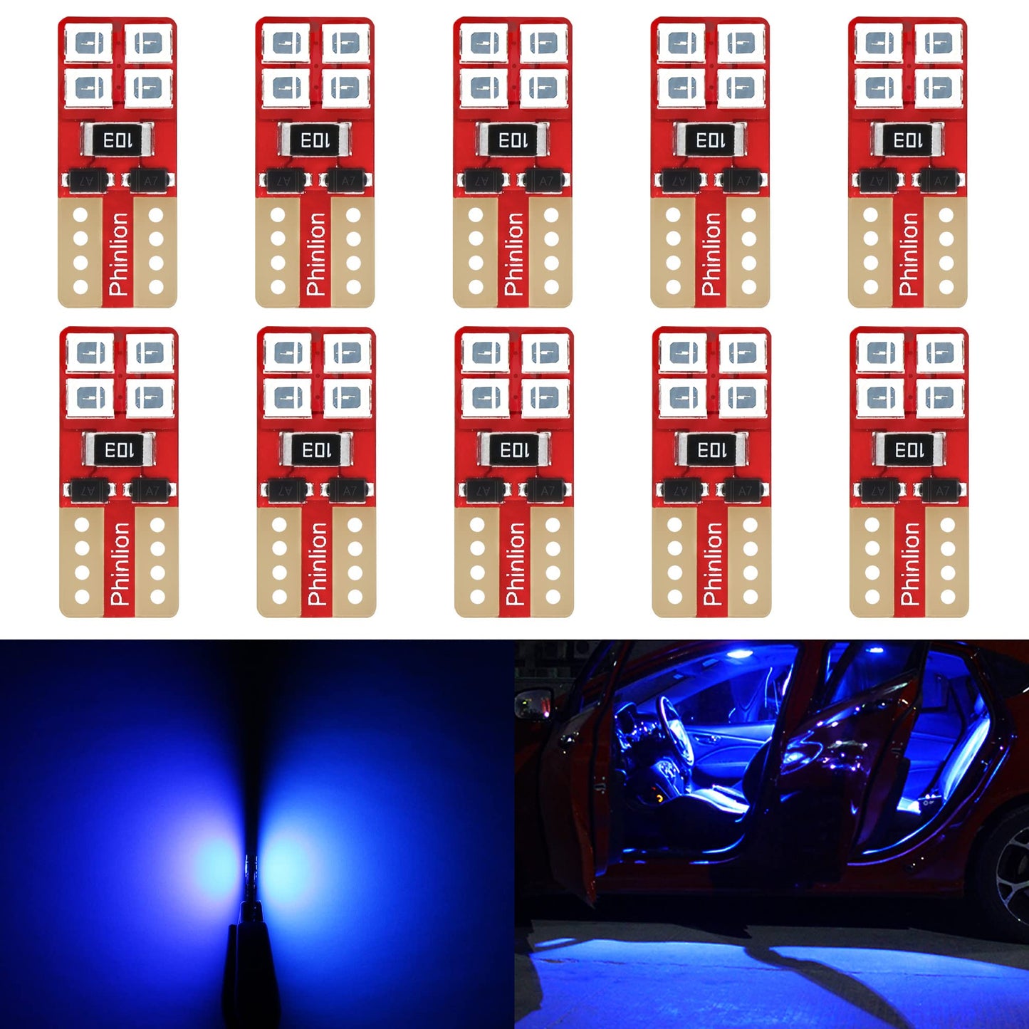 PHINLION T10 Blue LED Bulbs for Car Interior, Pack of 10, 12V, Model T10-2835-8SMD-B