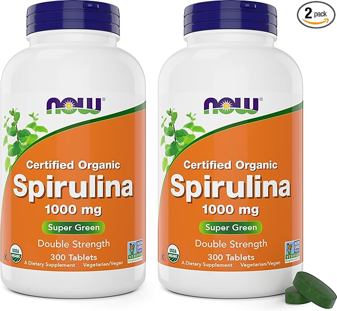 NOW Foods Organic Spirulina 1000mg Tablets - 300 Count (Pack of 2) - Non-GMO, Super Green Whole Food Supplement - Double Strength 1000 mg - Naturally Occurring Beta-Carotene (VIT A), B-12 and GLA