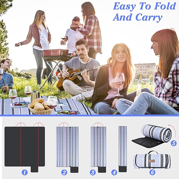 Oversized Waterproof Picnic Mat, Outdoor Beach Mat. Suitable for Camping, Outdoor, Beach, Party and Concert. (Dark Green & Light Blue, 80" * 60")