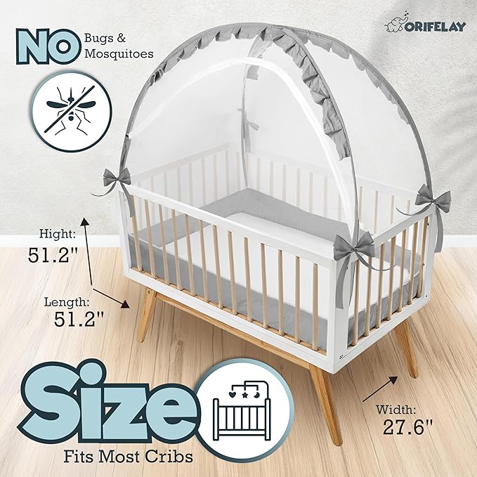 Baby Crib Tent - Toddler Bed Tent w/White Noise Machine, Wide Zipper Opening - Easy Setup Crib Cover w/Glow in The Dark Stickers & Custom Multi Color Light, Breathable Mesh Cribs Net (Gray)