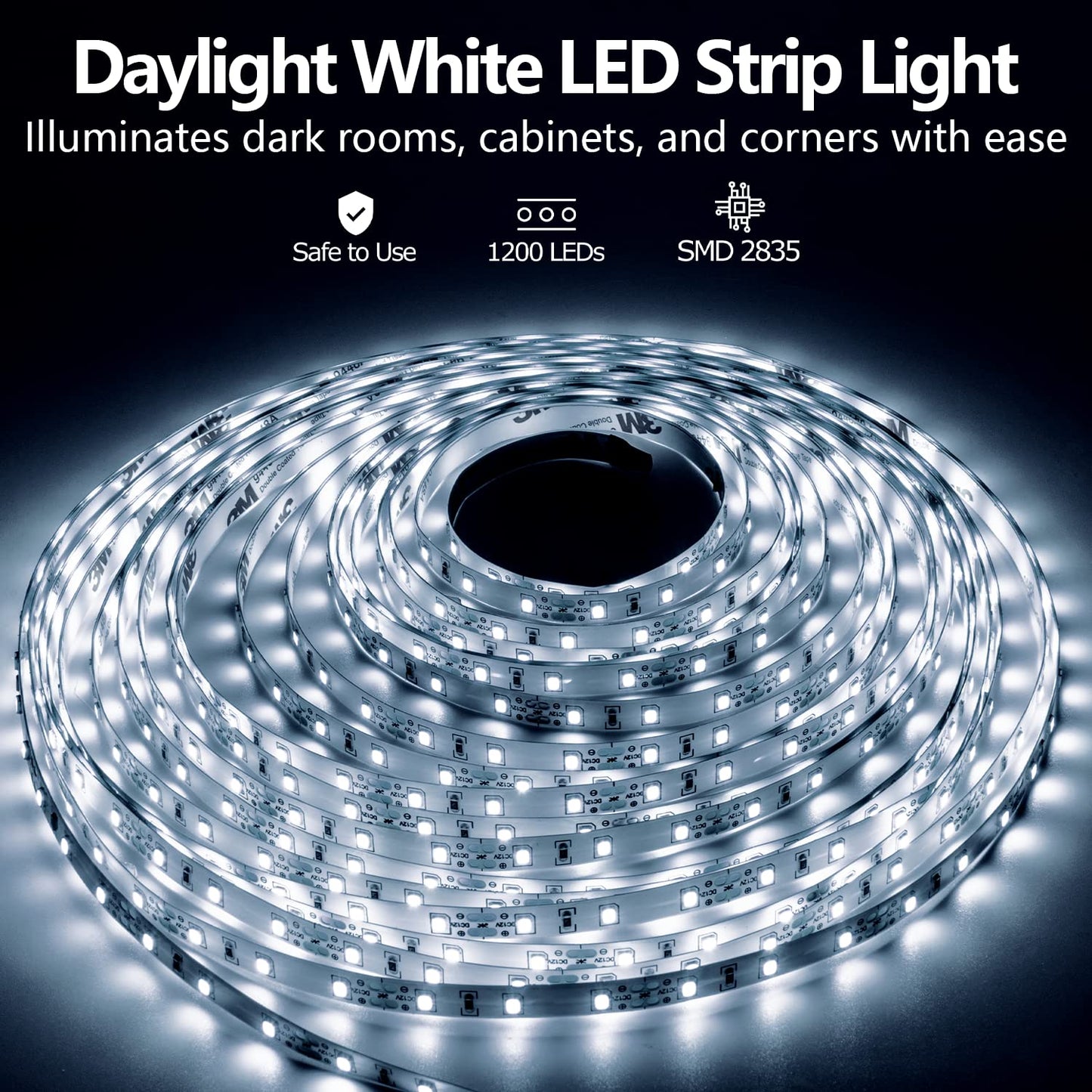 ollrieu LED Strip Lights 6000K Bright White Dimmable 65.6ft 1200 LEDs Flexible Lighting for Kitchen Under Cabinet Bedroom Wardrobe