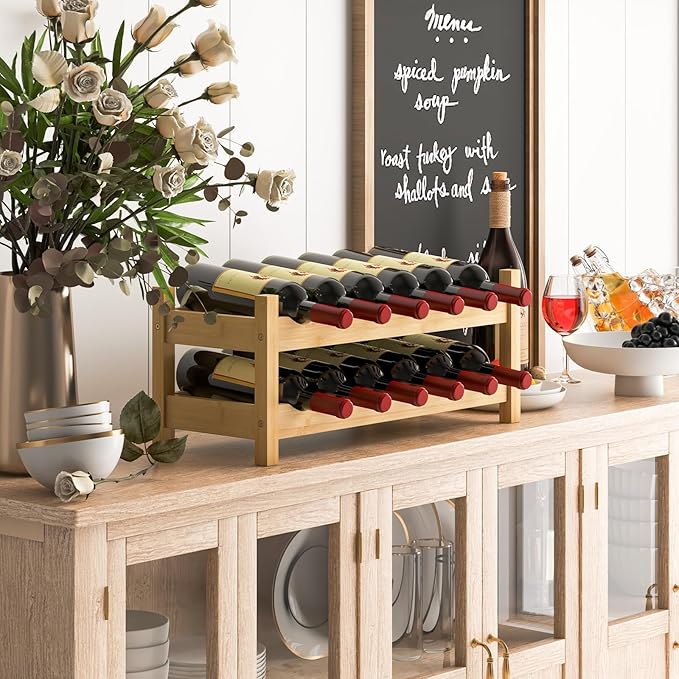 Giantex Bamboo Wine Rack, 2 Tier 12 Bottle Wine Storage Cabinet Shelf, Small Wine Rack Bottle Organizer Freestanding Counter, Countertop Wine Racks for Kitchen, Bar, Pantry & Wine Cellar, Natural