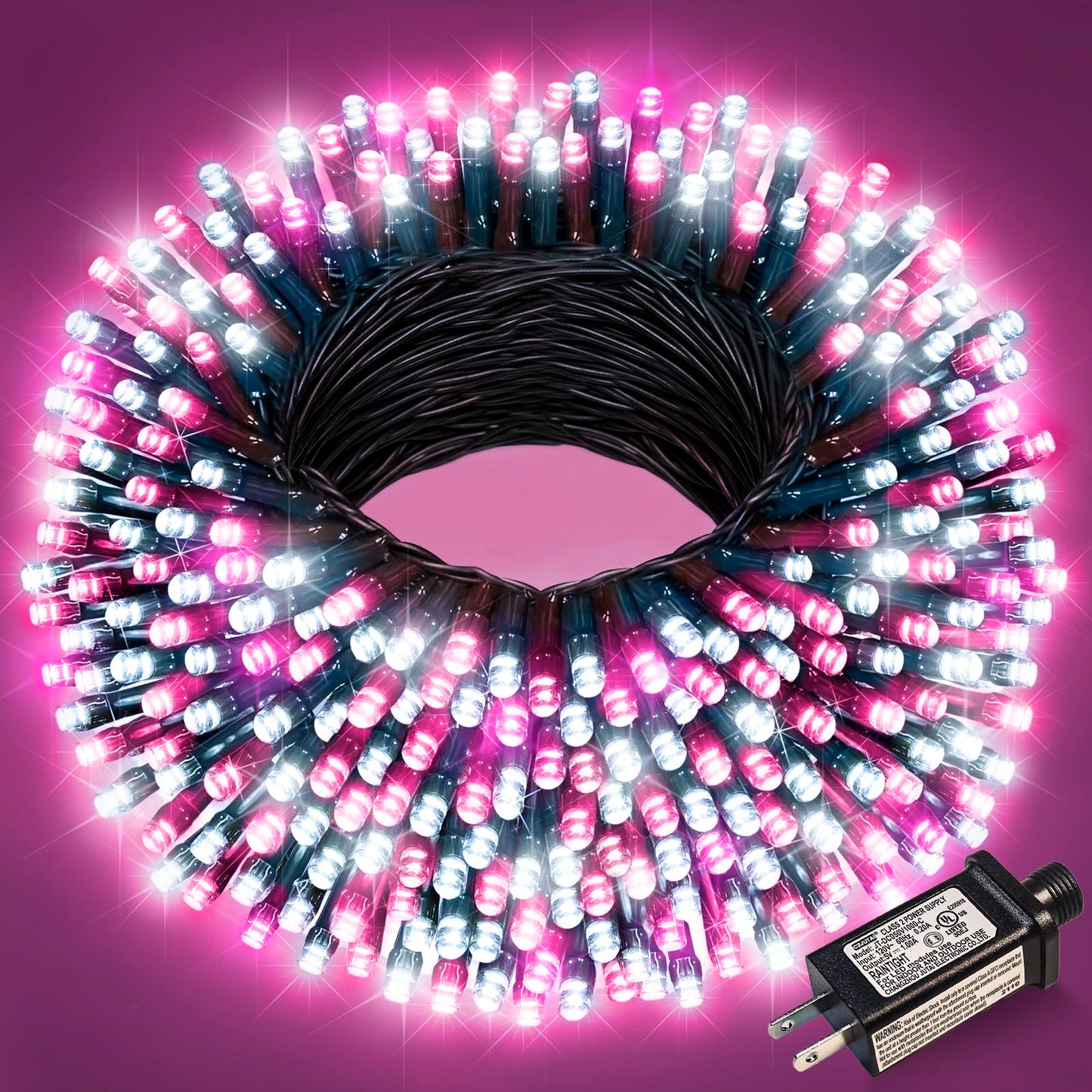 Nielfoi 100Ft 300 Led Christmas Lights  Christmas Tree Lights With 8 Modes Waterproof  Green Wire Outdoor String Lights  Plug In Xmas Decorations For Indoor House Yard Holiday  Pink White